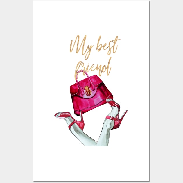 My best friend, quote, red shoes and red bag, watercolor illustration Wall Art by IngaDesign